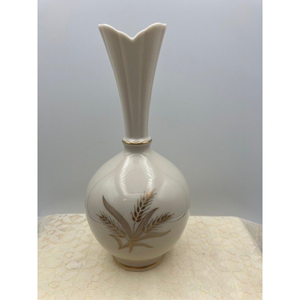 Bud Vase by Lenox Wheat Design Ivory/Gold Tone Trim‎ Vintage Decor 8"H USA
